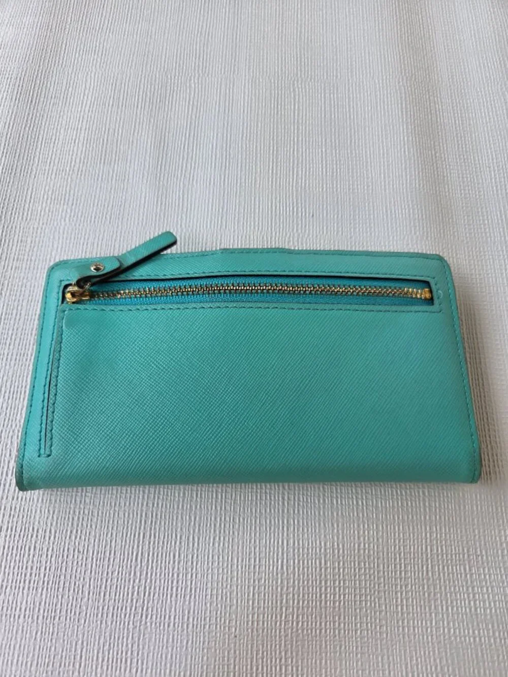 Kate Spade Mikas Pond Staci Folding Wallet Vibrant Aqua Green Saffiano Leather